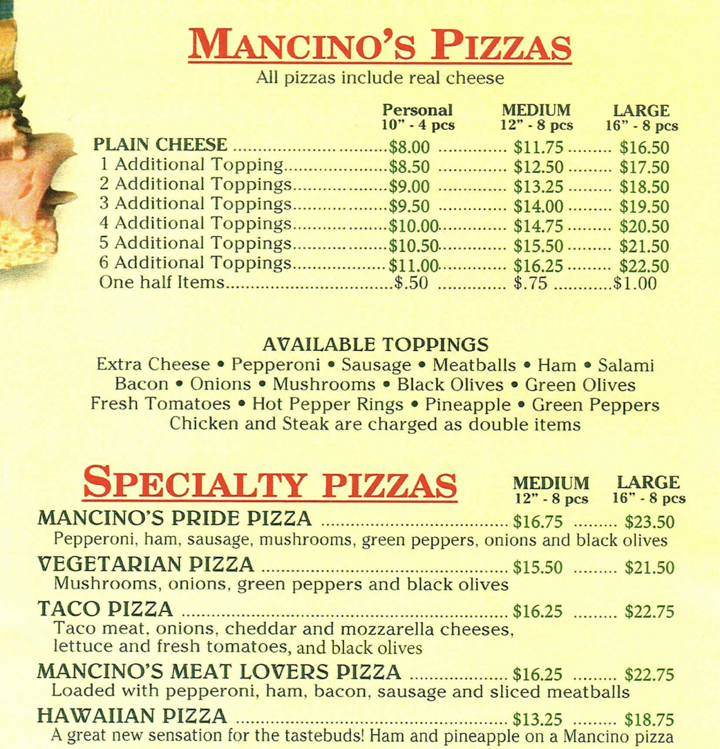 MANCINO'S PIZZAS All pizzas include real cheese Personal MEDIUM LARGE 10